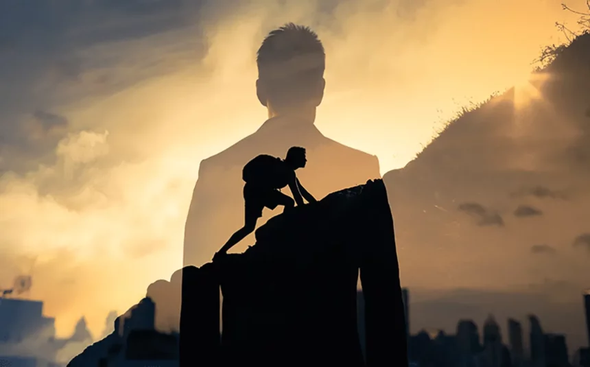 A man climbing a mountain