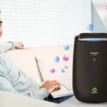 A happy Indian man working with his laptop on the sofa with SHARP QNET SmartAir in the frame