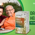 Young Indian adult son embracing father and sitting outdoors in lawn with Nutriplus DailyHealth in the frame.