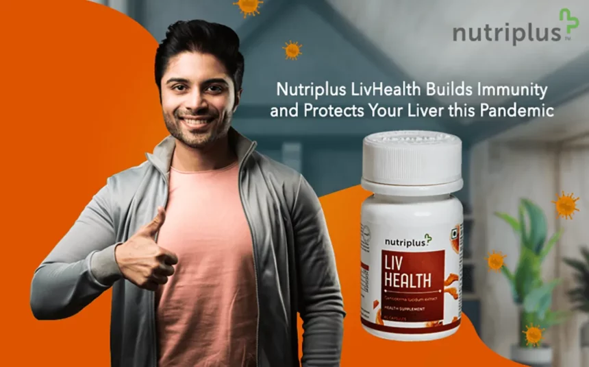 A happy man standing in his home with Nutriplus LivHealth in the frame