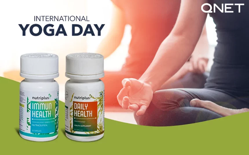 Indian couple doing yoga outdoors with Nutriplus DailyHealth and Nutriplus ImmunHealth in the frame