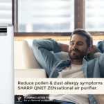 A young man breathing purified air with SHARP QNET ZENsational air purifier in the frame