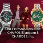 A young man and a woman standing next to each other with new luxury watches for men and women CHAIROS Bluestone and CHAIROS Onyx in the frame