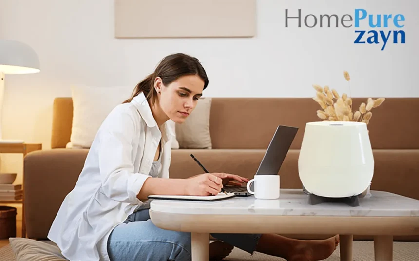 A young woman working next to Home pure Zayn Airpurifier