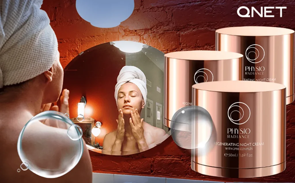 A woman using Physio Radiance Regenerating Night Cream indoors