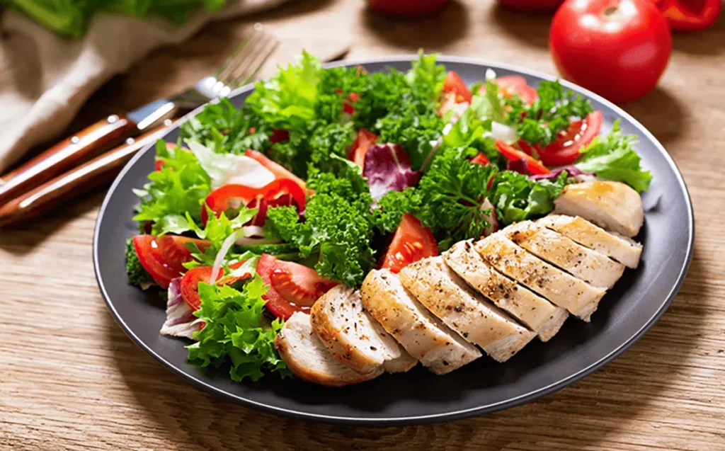 A salad plate with healthy food items