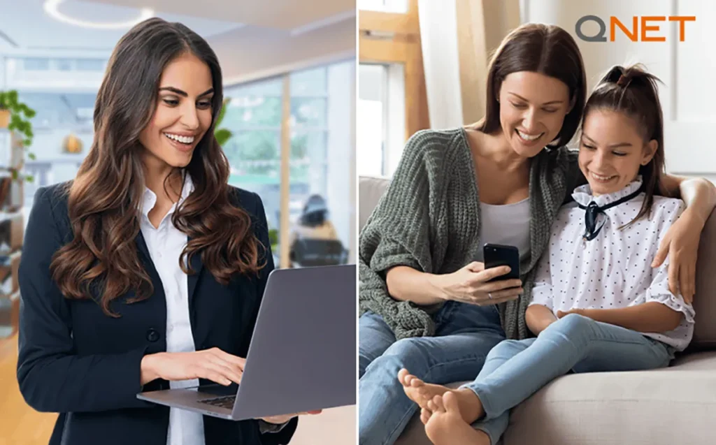 Two images collage: (i) A woman working on her laptop, (ii) The same woman playing with her children