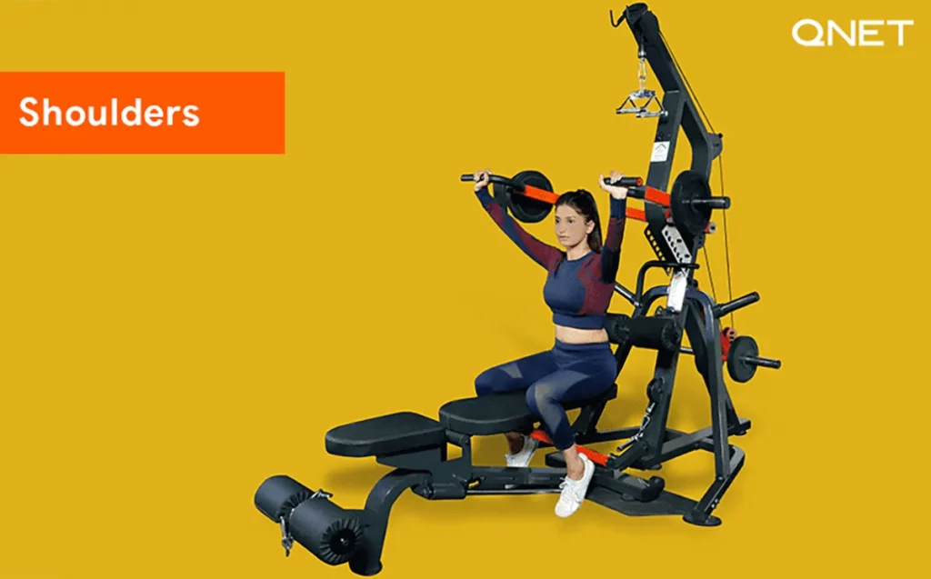 A young woman working performing shoulder press on the MyHomePlus HomeGym