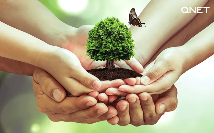 Depiction of a family protecting a small tree on World Environment Day.