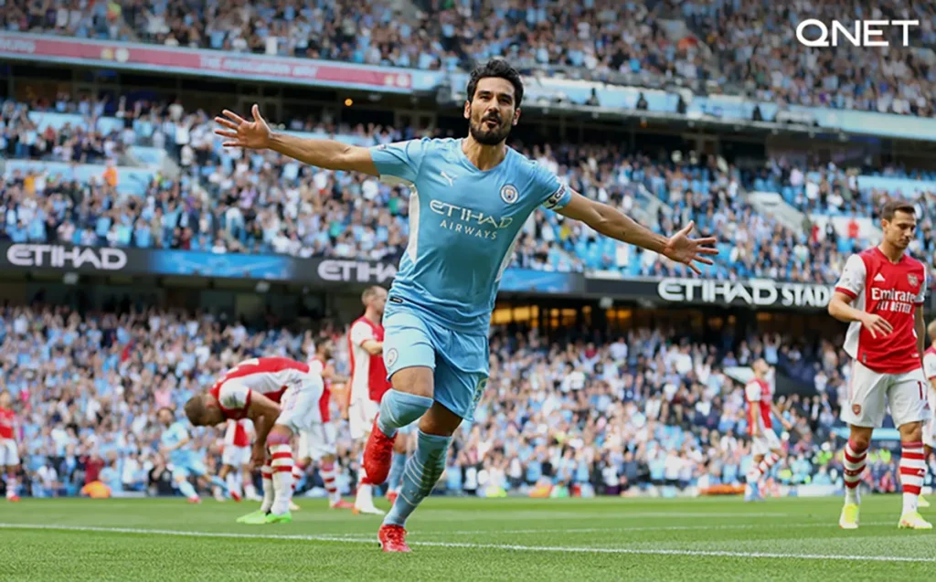 Ilkay Gundogan celebrating after scoring against Arsenal in the Premier League