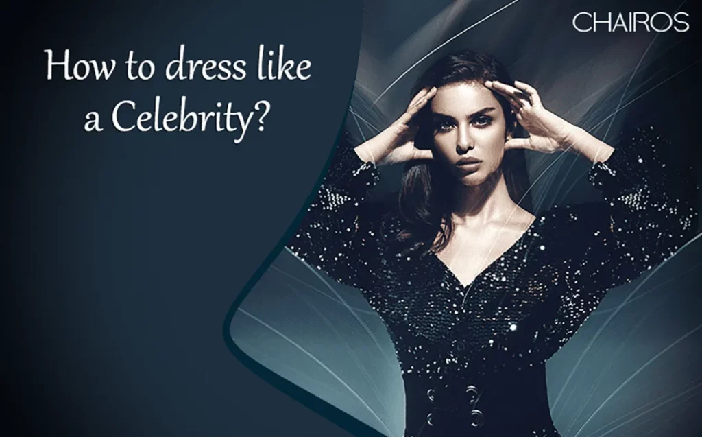 A young woman smiling in a golden dress in front of a red wall with ‘How to dress like a celebrity?’ in the frame