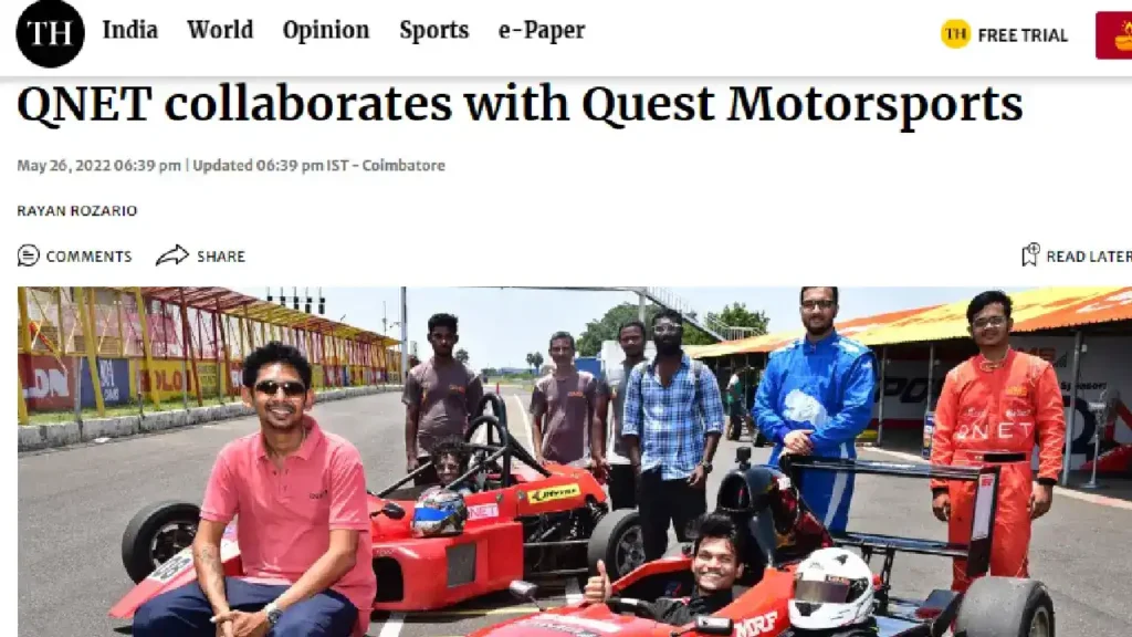 The Hindu, a leading English daily, reported on Chetan Korada, the world’s first driver to win a race with synthetic feet, and his partnership with QNET 