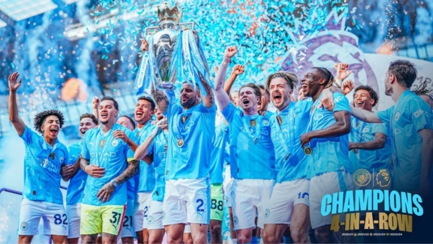 Manchester City squad celebrates their unprecedented fourth consecutive Premier League championship Four-In-A-Row